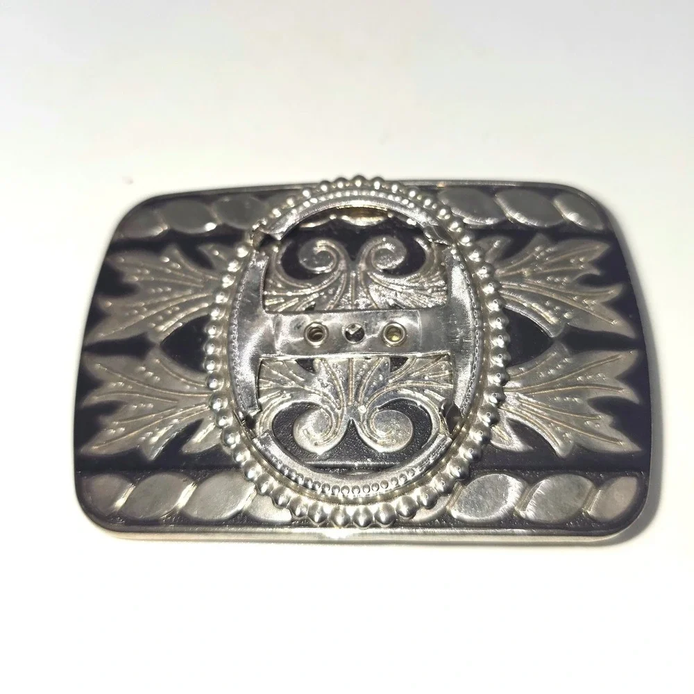 Vintage Silver Tone Western Belt Buckle Blank‎ Black Filigree Scrollwork 30x40mm